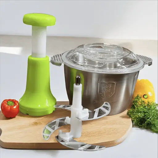 Assorted Stainless Steel Manual Food Chopper 2L – Multi-Purpose Vegetable, Fruit & Nut Cutter with Hand Push Blades