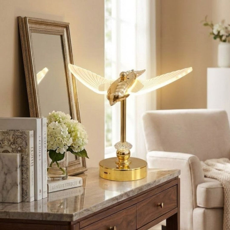 Luxury Gold Bird Night Lamp, Golden Fancy Table Electric Lamp, Crystal Hummingbird Lamp