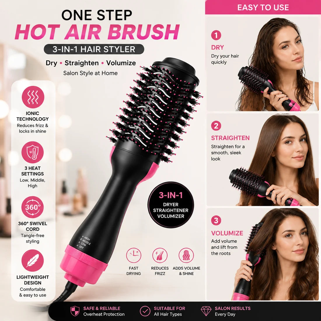 3 in 1 Hot Air Brush Hair Dryer & Styler with Free Delivery